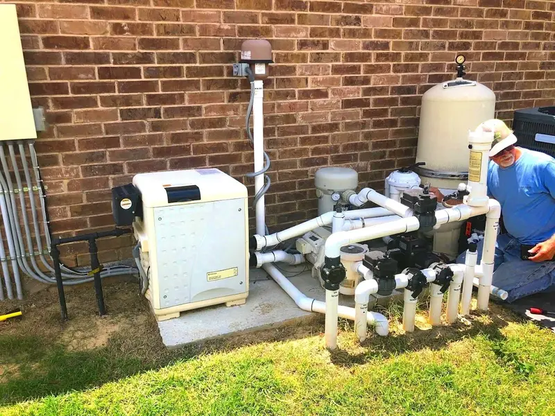 A&M Pool Service technician repairing residential pool pump equipment
